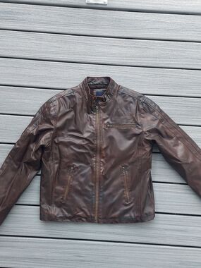 Men's Brown Faux Leather Moto Jacket Racing Size M